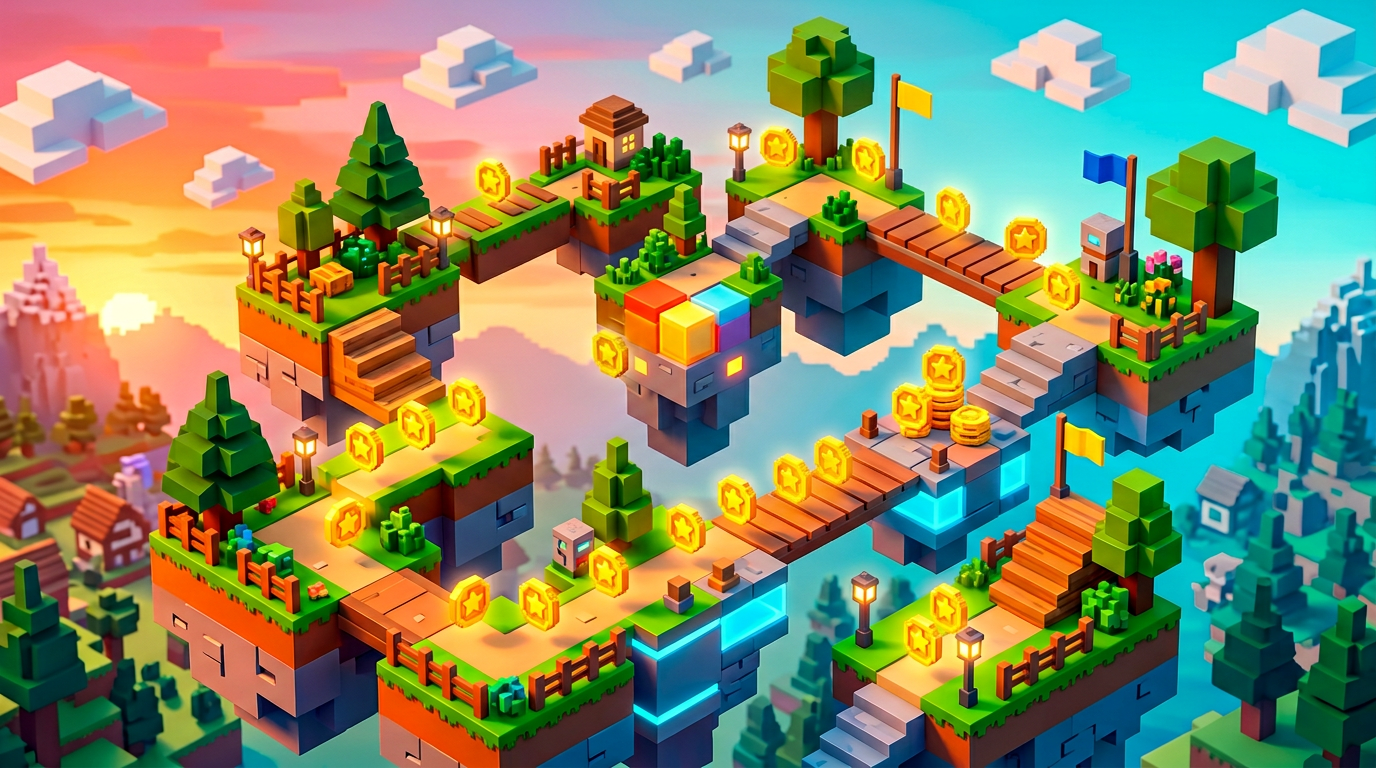 Bright isometric game world with platforms and collectibles