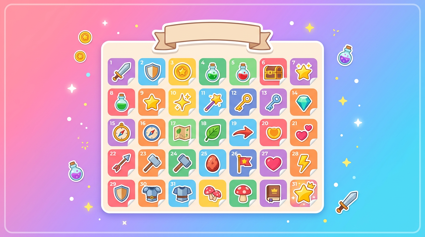 Sticker-style daily quests and power-ups illustration