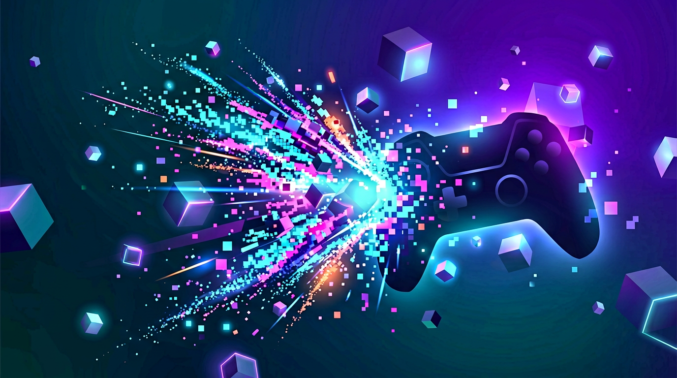 Abstract game energy and pixel-light hero art for ByteQuest